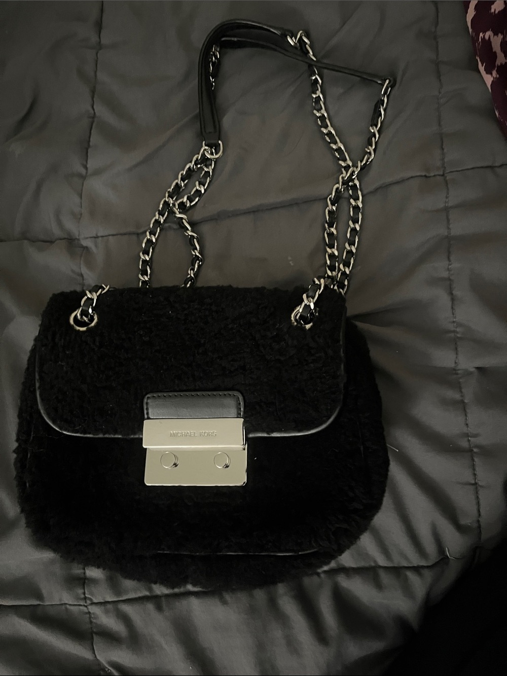 Michael Kors Black Shearling Shoulder Bag with Silver Chain